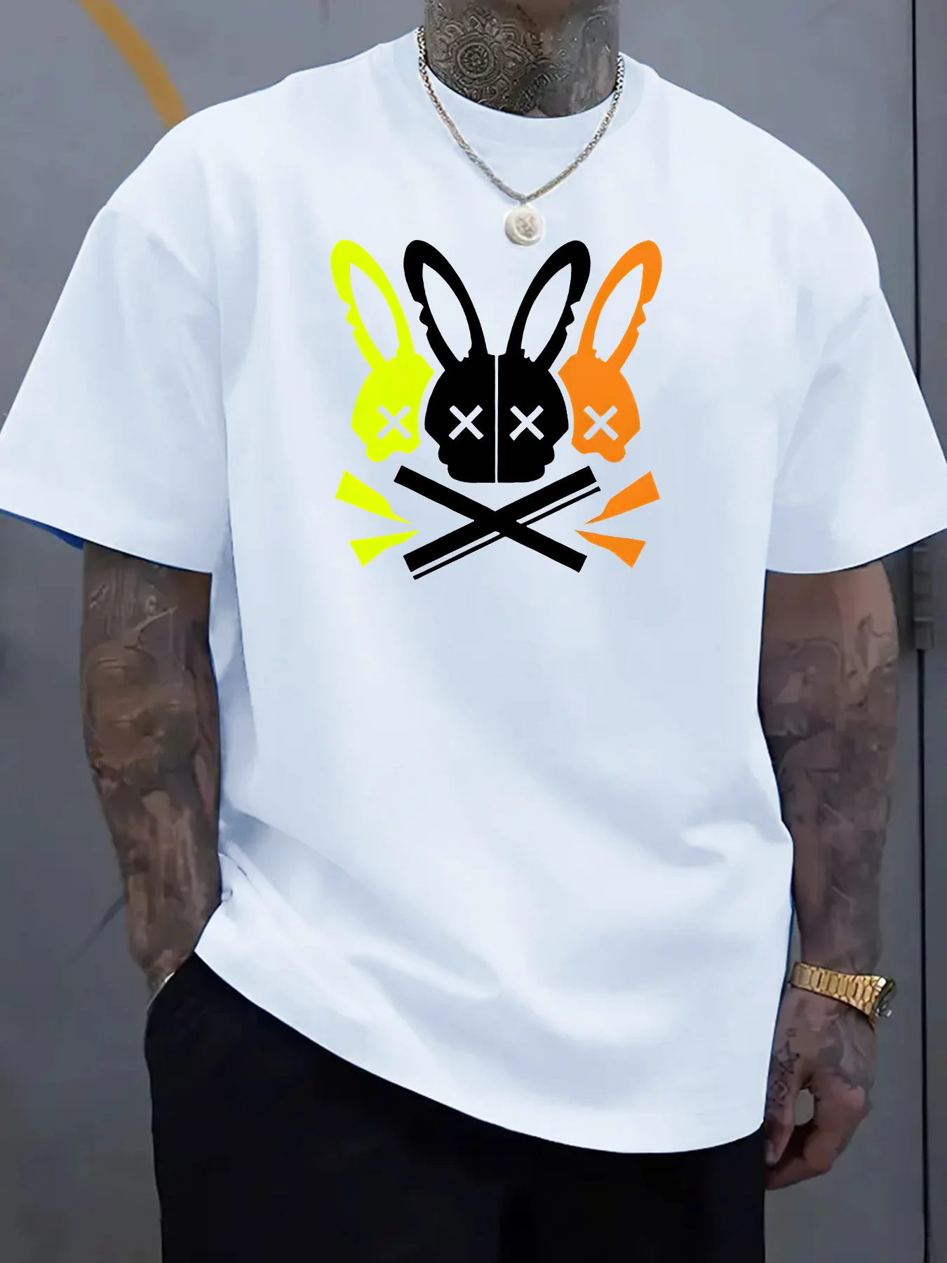 Men's casual round neck T-shirt with unique rabbit skull pattern - the perfect choice for summer