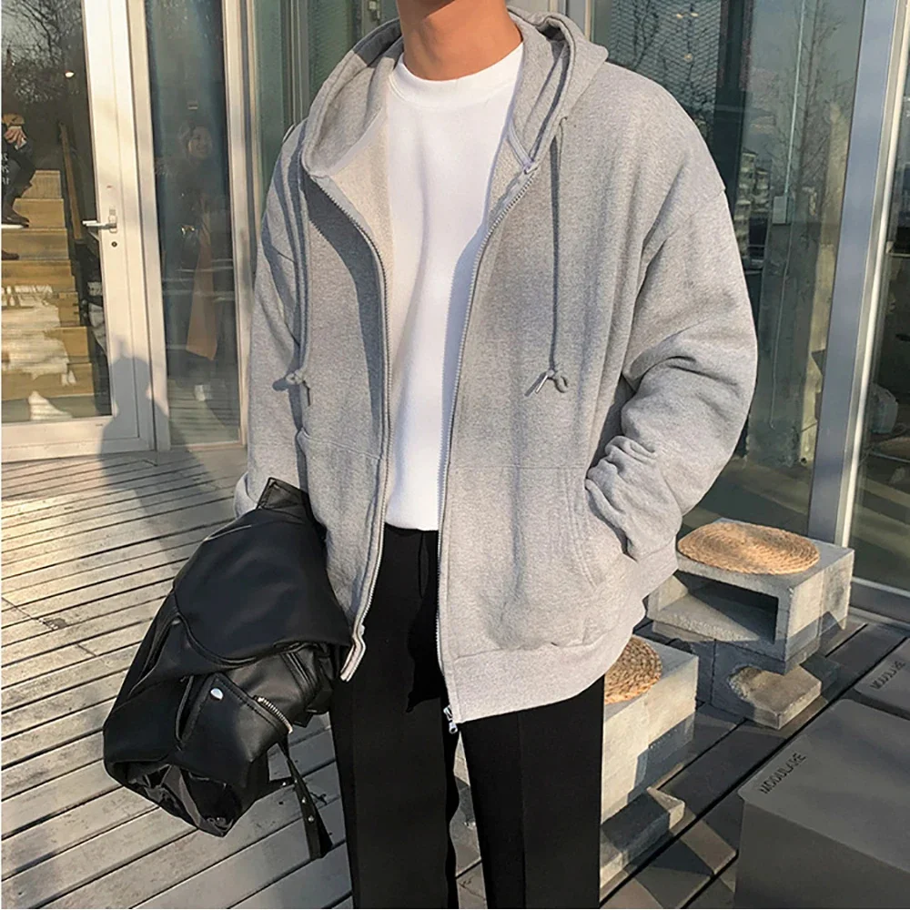 High Street Hoodie Men Solid Color Zip Up Long Sleeve Loose Jacket Coats Casual Hooded Sweatshirt Y2K Fashion Outdoor Clothes - Image 3